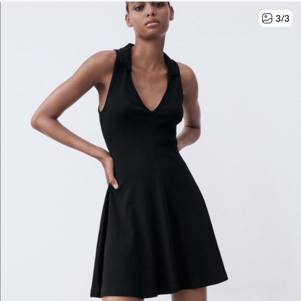 Zara Black A-Line Mini Dress with Notched Collar